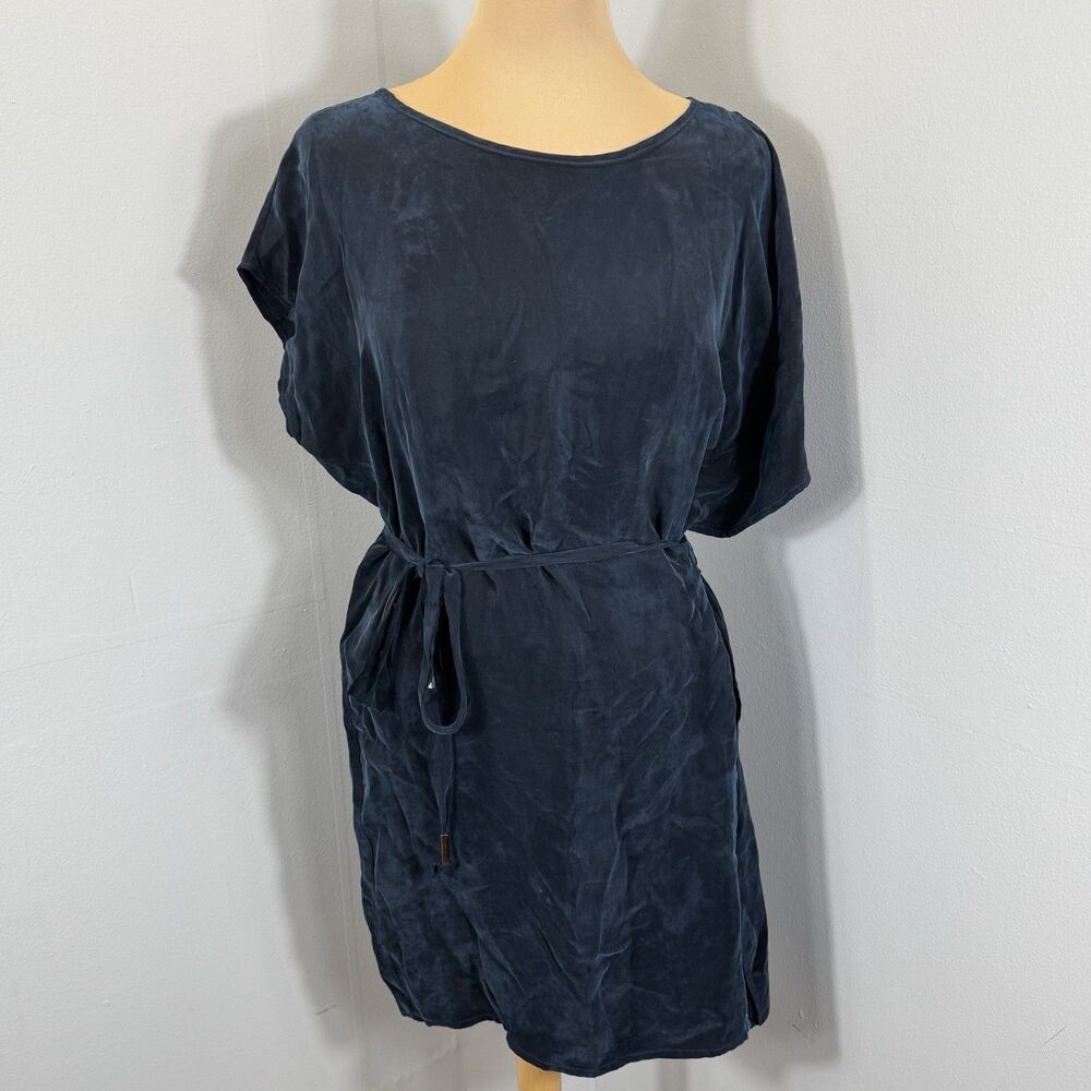 Natalie Busby Sz L Cupro Shiny Navy Blue Oversized Dress Minimalist Style USA